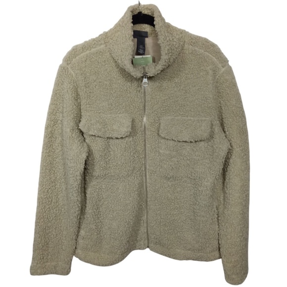 HM Teddy Bear Jacket Womens L Beige Fleece Sherpa Pockets Full Zip - Picture 1 of 5